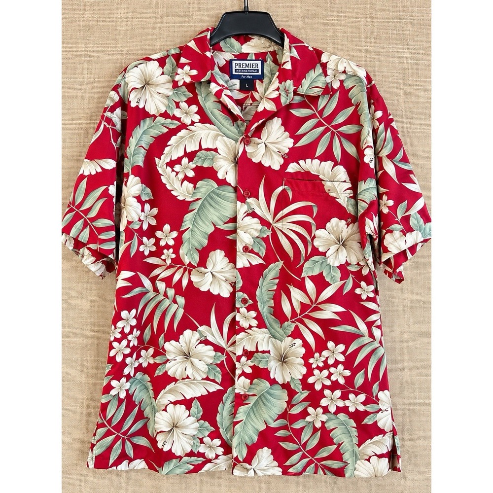 Premier International Men’s Large Hawaiian Shirt Red Floral Tropical Button Up
